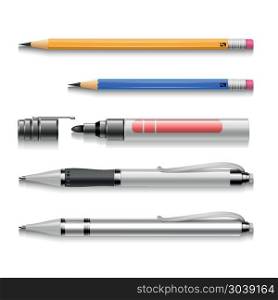 Pens, pencils, markers, realistic vector set of writing tools. Pens, pencils, markers, realistic vector set of writing tools. School supplies illustration
