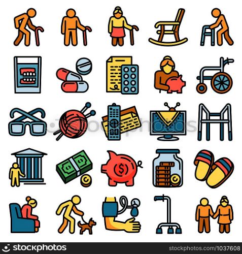Pension icons set. Outline set of pension vector icons for web design isolated on white background. Pension icons set, outline style