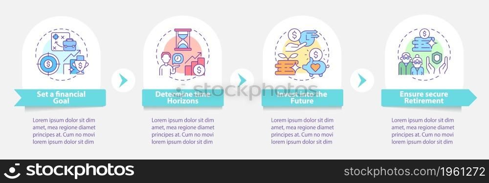 Pension preparation vector infographic template. Future investment presentation outline design elements. Data visualization with 4 steps. Process timeline info chart. Workflow layout with line icons. Pension preparation vector infographic template