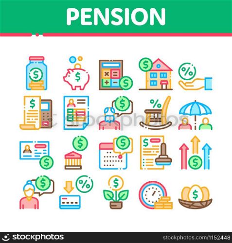 Pension Retirement Collection Icons Set Vector Thin Line. Money in Glass Bottle And Box, Calculator And Clock, Pension Finance Concept Linear Pictograms. Color Contour Illustrations. Pension Retirement Collection Icons Set Vector