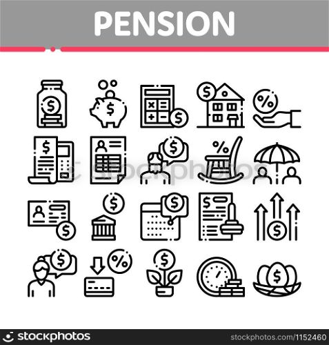 Pension Retirement Collection Icons Set Vector Thin Line. Money in Glass Bottle And Box, Calculator And Clock, Pension Finance Concept Linear Pictograms. Monochrome Contour Illustrations. Pension Retirement Collection Icons Set Vector