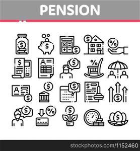Pension Retirement Collection Icons Set Vector Thin Line. Money in Glass Bottle And Box, Calculator And Clock, Pension Finance Concept Linear Pictograms. Monochrome Contour Illustrations. Pension Retirement Collection Icons Set Vector