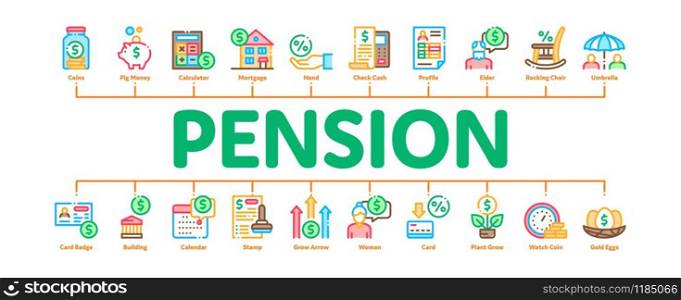 Pension Retirement Minimal Infographic Web Banner Vector. Money in Glass Bottle And Box, Calculator And Clock, Pension Finance Concept Illustrations. Pension Retirement Minimal Infographic Banner Vector