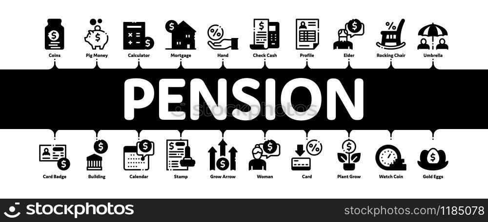 Pension Retirement Minimal Infographic Web Banner Vector. Money in Glass Bottle And Box, Calculator And Clock, Pension Finance Concept Illustrations. Pension Retirement Minimal Infographic Banner Vector