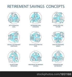Pension savings concept icons set. Create fund for retirement idea thin line color illustrations. Money management. Future spendings calculation. Vector isolated outline drawings. Editable stroke. Pension savings concept icons set