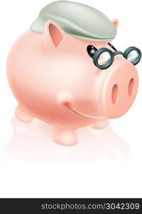 Pension savings piggy bank. Pension savings piggy bank concept of a piggy bank money box in senior&rsquo;s cap and spectacles.. Pension savings piggy bank