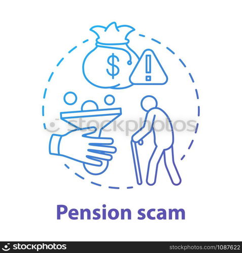 Pension scam concept icon. Fraud to retired person. Danger of losing savings. Illegal cheme Financial deception of elderly idea thin line illustration. Vector isolated outline drawing