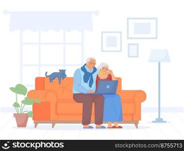 Pensioner on sofa with computer. Happy elderly couple and internet technology, old family sitting at home couch senior husband wife retirement lifestyle, swanky vector illustration. Pensioner on sofa with computer. Happy elderly couple and internet technology, old family sitting at home couch senior husband wife retirement lifestyle