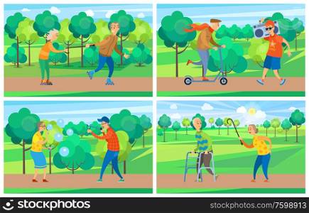 Pensioners activity, rollerblading and walking, moving on scooter, going with record player, blowing soap bubble and targeting with catapult in park vector. Old People in Park, Activity of Grandparent Vector