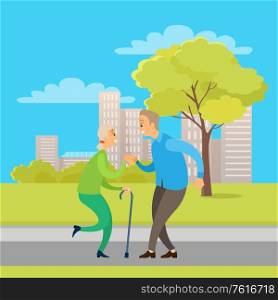 Pensioners dancing in urban park, side view of elderly man and woman moving near trees and buildings, retirement activity outdoor, romantic vector. Old Man and Woman Dancing in Urban Park Vector