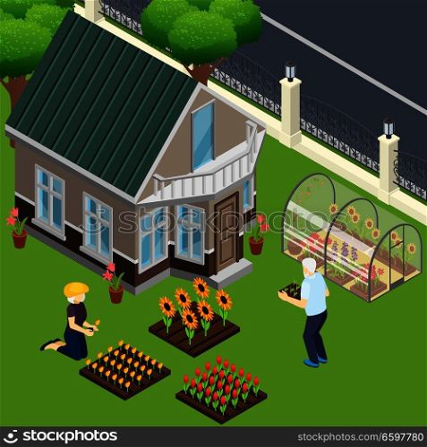 Pensioners Garden Work Isometric Illustration