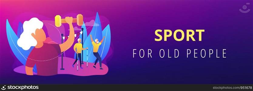 Pensioners healthy lifestyle. Aged woman training, working out, lifting weights. Elder fitness, sport for old people, elder sporting goods concept. Header or footer banner template with copy space.. Elder fitness concept banner header