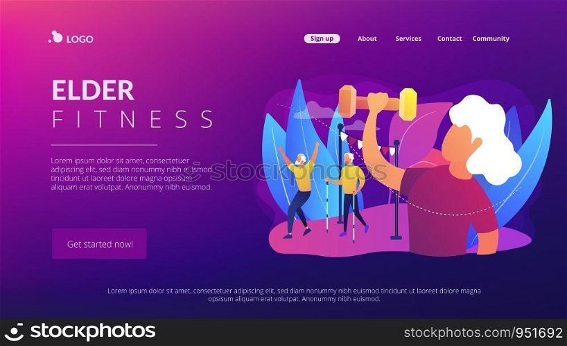 Pensioners healthy lifestyle. Aged woman training, working out, lifting weights. Elder fitness, sport for old people, elder sporting goods concept. Website homepage landing web page template.. Elder fitness concept landing page