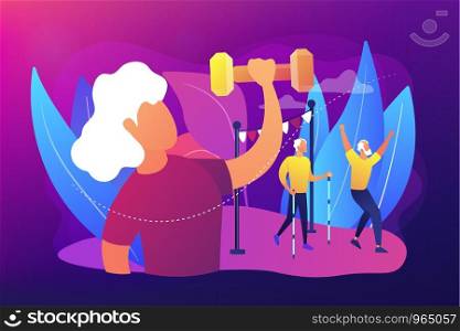 Pensioners healthy lifestyle. Aged woman training, working out, lifting weights. Elder fitness, sport for old people, elder sporting goods concept. Bright vibrant violet vector isolated illustration. Elder fitness concept vector illustration