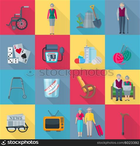 Pensioners Icons Set . Pensioners square shadow icons set with health and hobby symbols flat isolated vector illustration