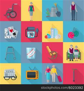 Pensioners Icons Set . Pensioners square shadow icons set with health and hobby symbols flat isolated vector illustration