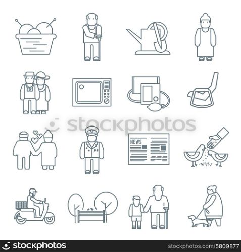 Pensioners life and senior lifestyle line icons set isolated vector illustration. Pensioners Life Icons