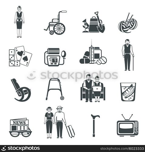 Pensioners Life Black White Icons Set . Pensioners life black white icons set with health and care symbols flat isolated vector illustration