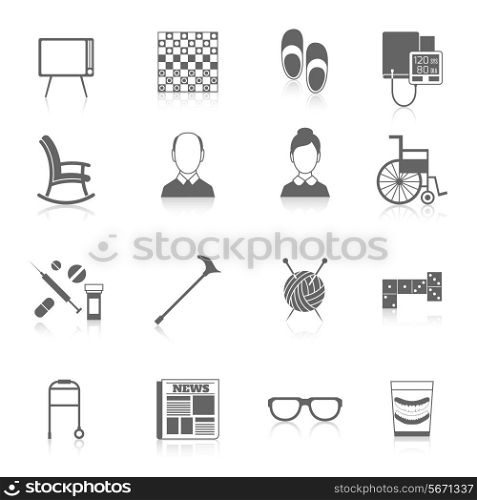 Pensioners life elderly care icons black set isolated vector illustration