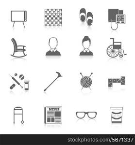Pensioners life elderly care icons black set isolated vector illustration