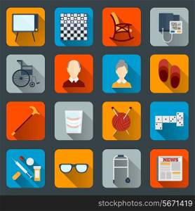 Pensioners life flat icons set of tv checkers rocking chair isolated vector illustration
