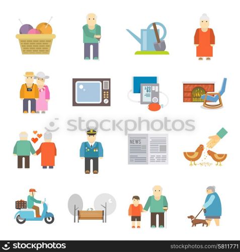 Pensioners life flat icons set . Retired couple of aged pensioners with pets life style concept flat icons set abstract isolated vector illustration