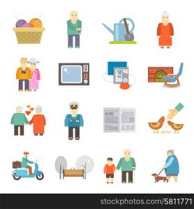Pensioners life flat icons set . Retired couple of aged pensioners with pets life style concept flat icons set abstract isolated vector illustration