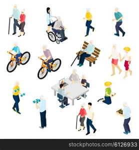 Pensioners Life Isometric Set . Pensioners life isometric set with health and activity symbols isolated vector illustration