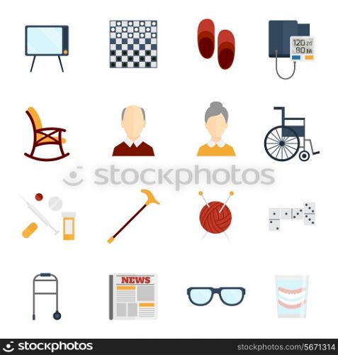 Pensioners life old man care icons flat set isolated vector illustration.