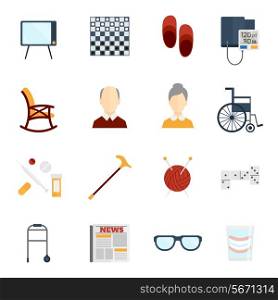 Pensioners life old man care icons flat set isolated vector illustration.