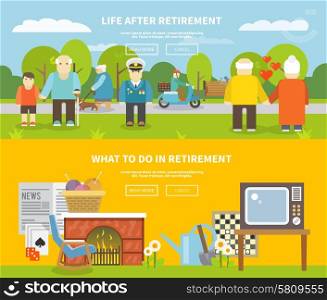 Pensioners life style horizontal banner set with senior people flat elements isolated vector illustration. Pensioners Life Banner Set
