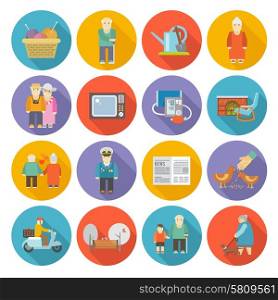 Pensioners life style icons flat set with rocking chair knitting gardening symbols isolated vector illustration. Pensioners Life Icons Flat