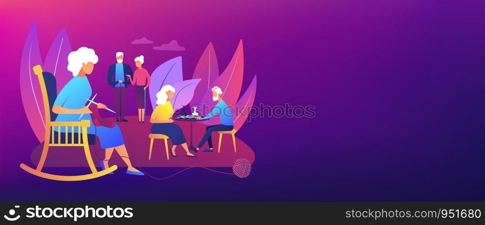 Pensioners pastime at senior home. Aged couple playing chess. Activities for seniors, elderly active lifestyle, older people time spending concept. Header or footer banner template with copy space.. Activities for seniors concept banner header