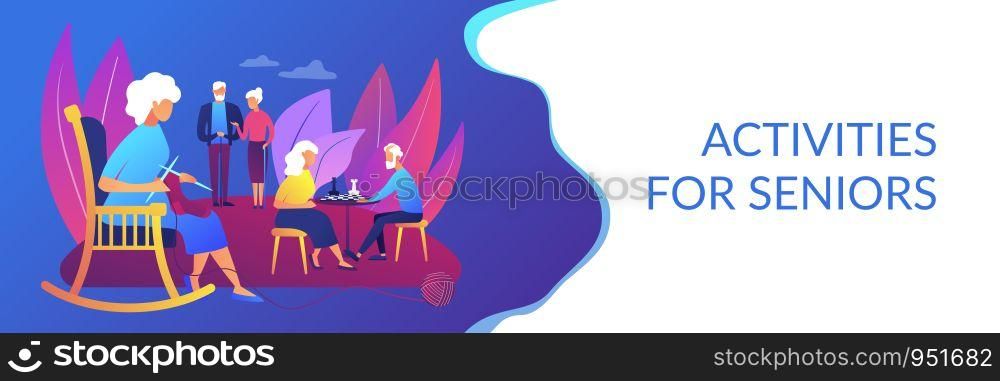 Pensioners pastime at senior home. Aged couple playing chess. Activities for seniors, elderly active lifestyle, older people time spending concept. Header or footer banner template with copy space.. Activities for seniors concept banner header
