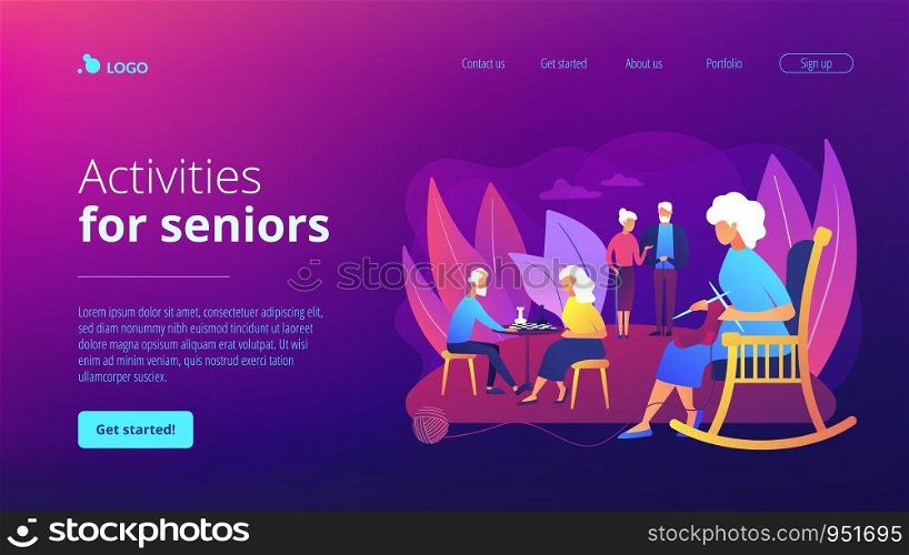 Pensioners pastime at senior home. Aged couple playing chess. Activities for seniors, elderly active lifestyle, older people time spending concept. Website homepage landing web page template.. Activities for seniors concept landing page