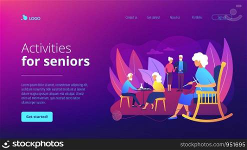 Pensioners pastime at senior home. Aged couple playing chess. Activities for seniors, elderly active lifestyle, older people time spending concept. Website homepage landing web page template.. Activities for seniors concept landing page