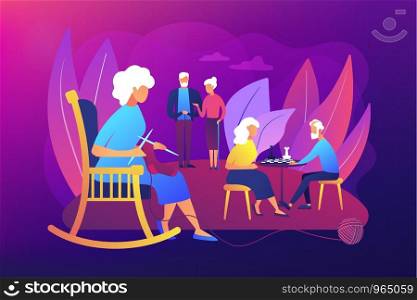 Pensioners pastime at senior home. Aged couple playing chess. Activities for seniors, elderly active lifestyle, older people time spending concept. Bright vibrant violet vector isolated illustration. Activities for seniors concept vector illustration
