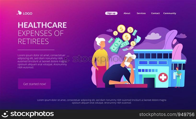 Pensioners social security. Healthcare expenses of retirees, supplemental health insurance plan, the biggest retirement expenses concept. Website homepage landing web page template.. Healthcare expenses of retirees concept landing page.