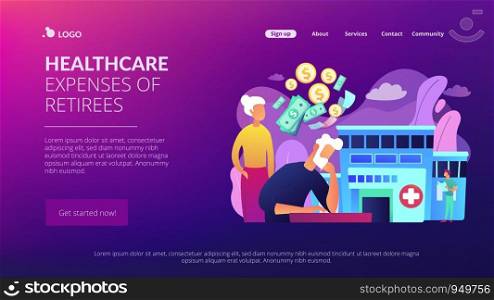 Pensioners social security. Healthcare expenses of retirees, supplemental health insurance plan, the biggest retirement expenses concept. Website homepage landing web page template.. Healthcare expenses of retirees concept landing page.