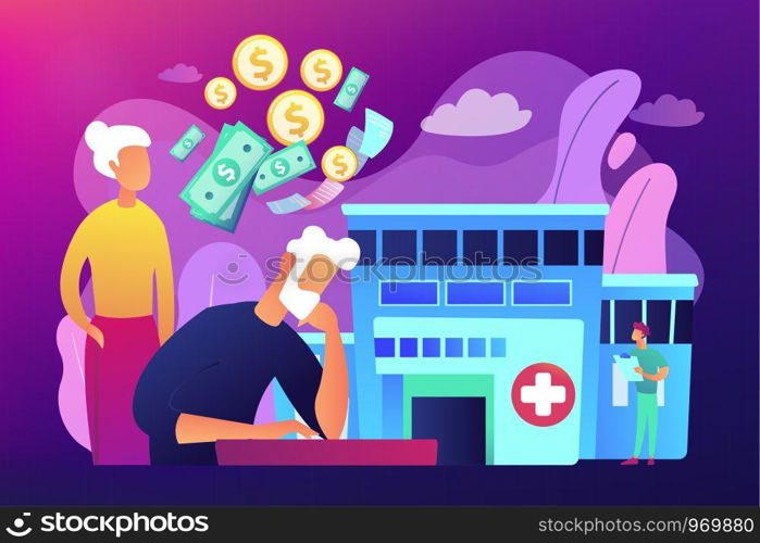 Pensioners social security. Healthcare expenses of retirees, supplemental health insurance plan, the biggest retirement expenses concept. Bright vibrant violet vector isolated illustration. Healthcare expenses of retirees concept vector illustration.