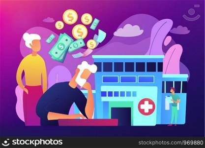 Pensioners social security. Healthcare expenses of retirees, supplemental health insurance plan, the biggest retirement expenses concept. Bright vibrant violet vector isolated illustration. Healthcare expenses of retirees concept vector illustration.