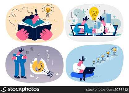 Pensive business person in office busy working on computer thinking developing project or strategy. Businesspeople brainstorm generate idea strive for financial success. Vector illustration. Set.. Set of businesspeople develop ideas striving for business success