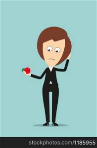 Pensive business woman in elegant black suit with fresh red apple fruit in hand. Cartoon flat style. Business woman with fresh red apple fruit