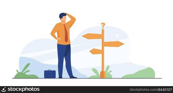 Pensive businessman making decision. Man in office suit standing at road direction signs. Vector illustration for opportunity, solution, idea concept