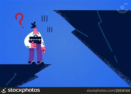 Pensive businessman stand on edge or rock think of making next step to new career level. Thoughtful employee consider risk and danger of business deal. Challenge and obstacle. Vector illustration. . Businessman on edge of rock think of business risks