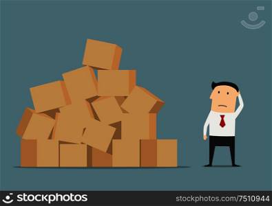Pensive businessman standing near a huge pile of cardboard boxes. He thinking how to deliver or store all packages