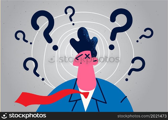 Pensive businessman surrounded by question mark feel confused and frustrated. Male employee or worker think of problem solution, find business idea answer. Trouble solving. Vector illustration. . Pensive businessman feel confused search for solution