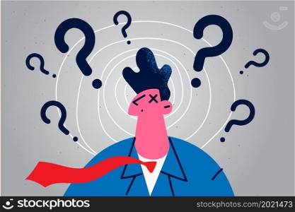 Pensive businessman surrounded by question mark feel confused and frustrated. Male employee or worker think of problem solution, find business idea answer. Trouble solving. Vector illustration. . Pensive businessman feel confused search for solution