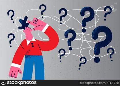 Pensive businessmen with question marks brainstorm think of problem solution. Frustrated man feel confused with dilemma, solve trouble or make choice decision. Flat vector illustration. . Confused businessman frustrated with problem solution