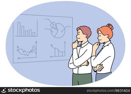 Pensive businesspeople look at board brainstorming on financial ideas. Thoughtful employees cooperate together engaged in team thinking. Teamwork. Vector illustration.. Pensive businesspeople brainstorm near board in boardroom
